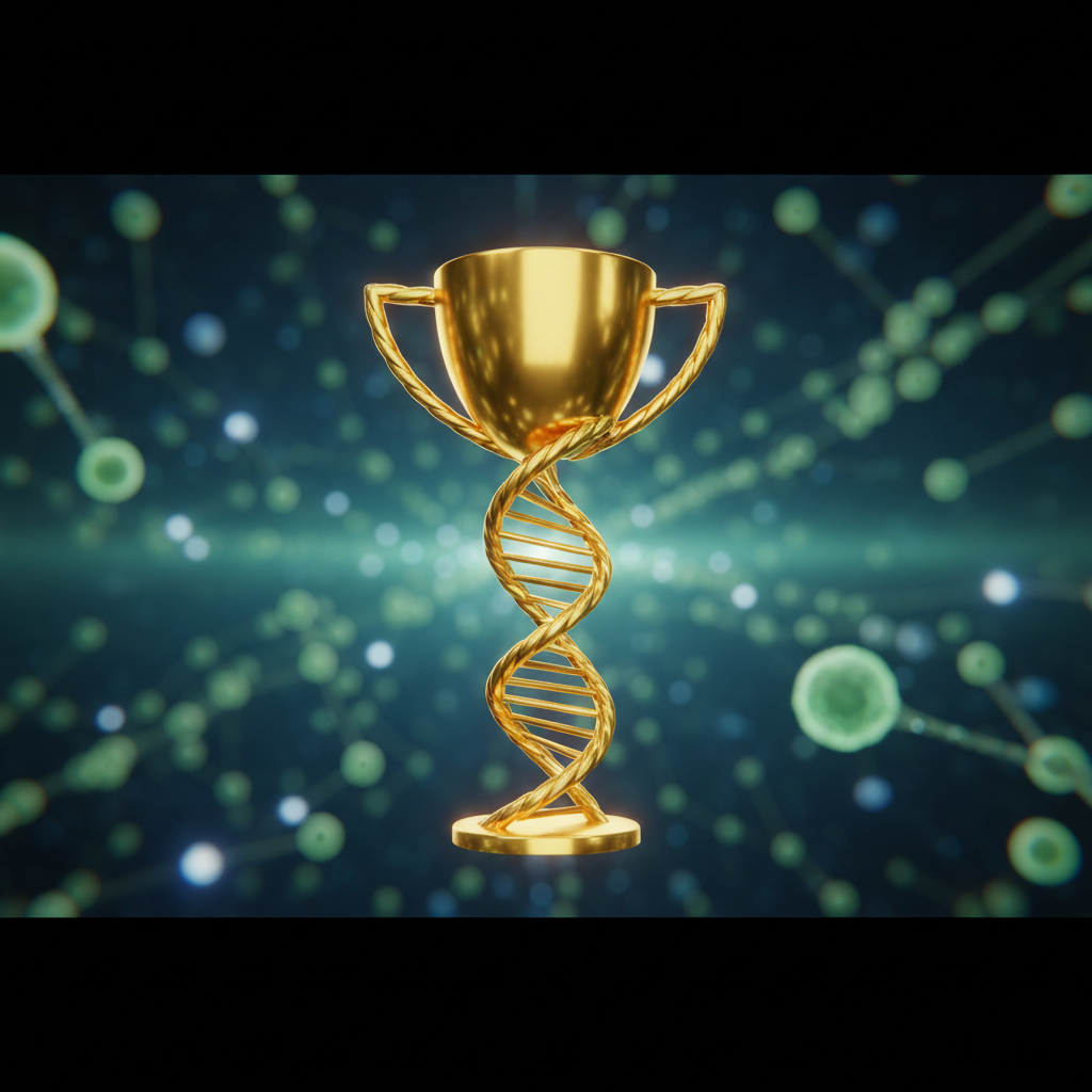 Cinematic 3D render of a golden DNA helix strand merging with a trophy cup, scientific background with soft bokeh lighting, green and blue biological tones, high resolution, minimalist style.