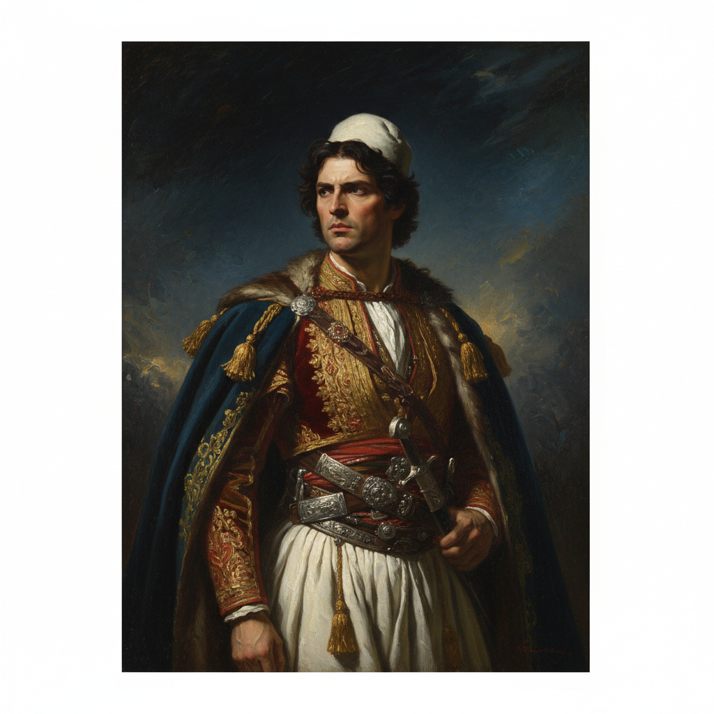 Portrait of Lord Byron in Albanian dress, dramatic gaze, romanticism oil painting style, dark background, wealthy attire