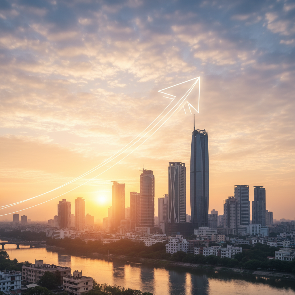 Sunrise over a cityscape in Bangladesh, upward trajectory arrow overlay, hopeful and professional business concept