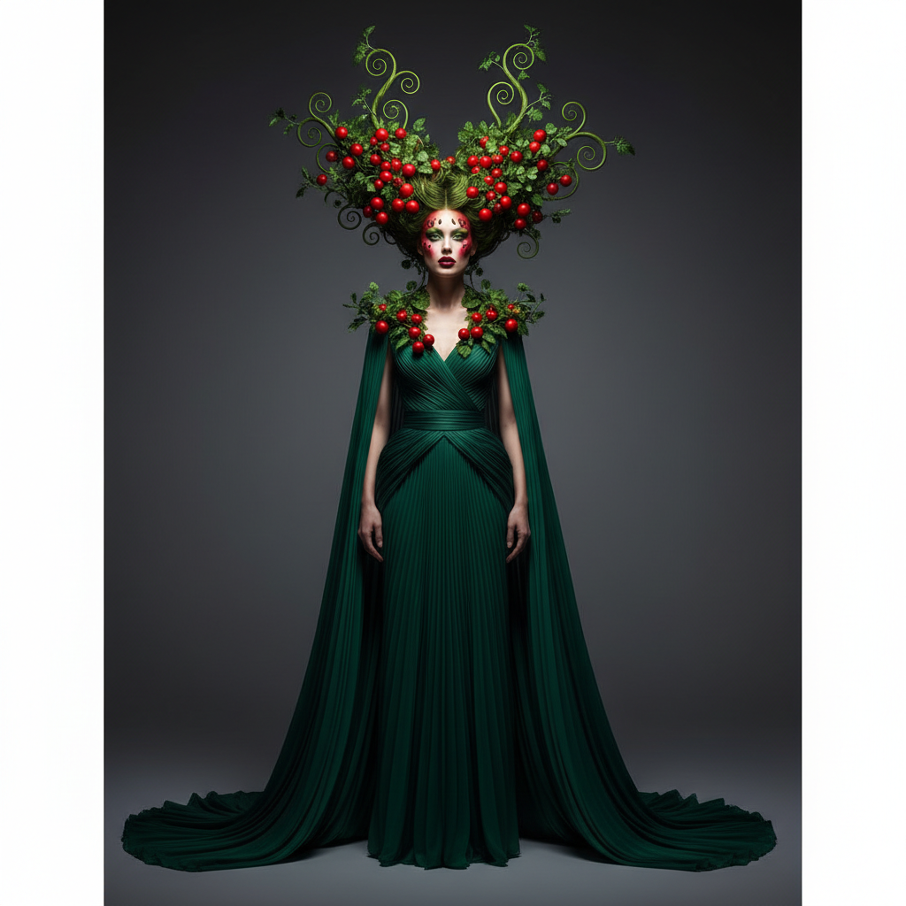 High fashion photography of a woman with green hair sculpture shaped like a tomato vine, red cherry tomato ornaments, dramatic makeup, studio lighting