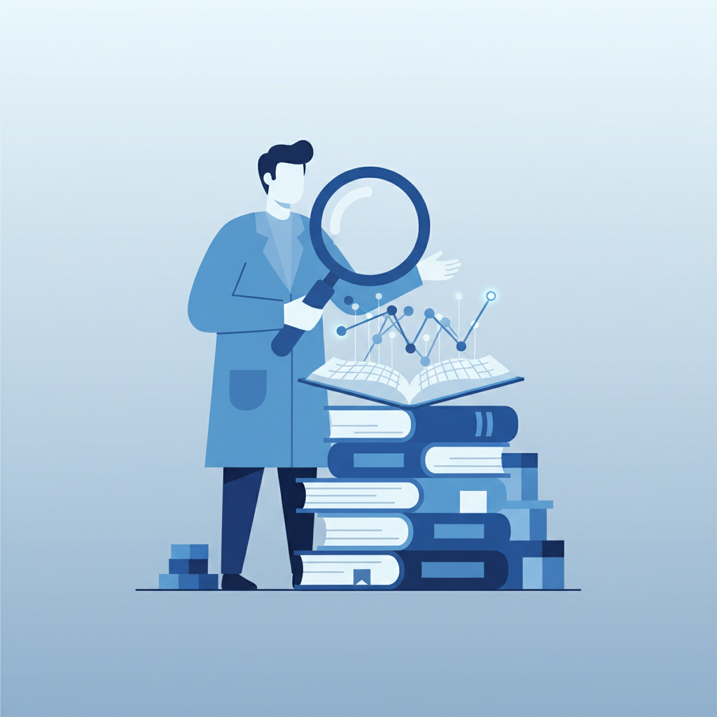 Minimalist illustration of a researcher looking at data or a magnifying glass over a book stack, flat design blue tones