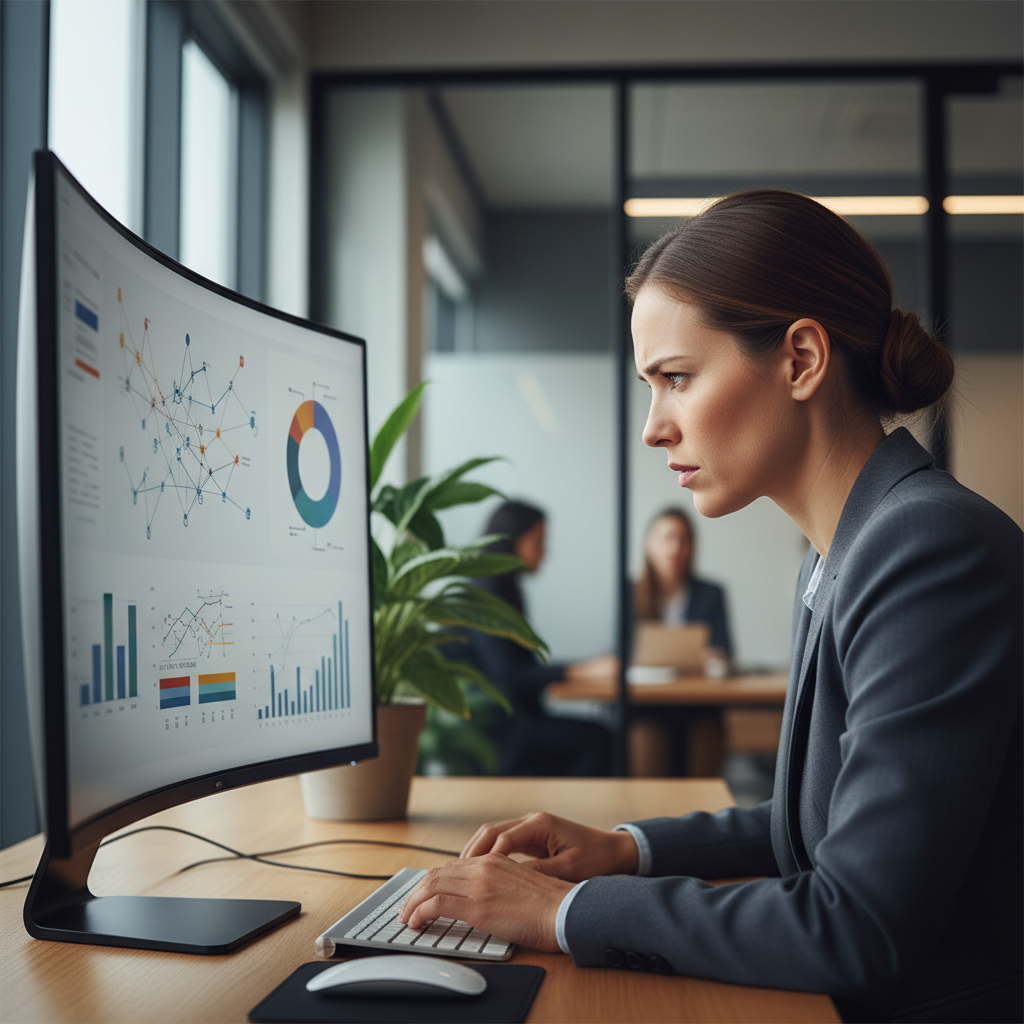 Close up photography of a professional business analyst reviewing complex data on a modern computer monitor in a corporate office, focused expression, depth of field, natural lighting, high quality stock photography style, 4k resolution