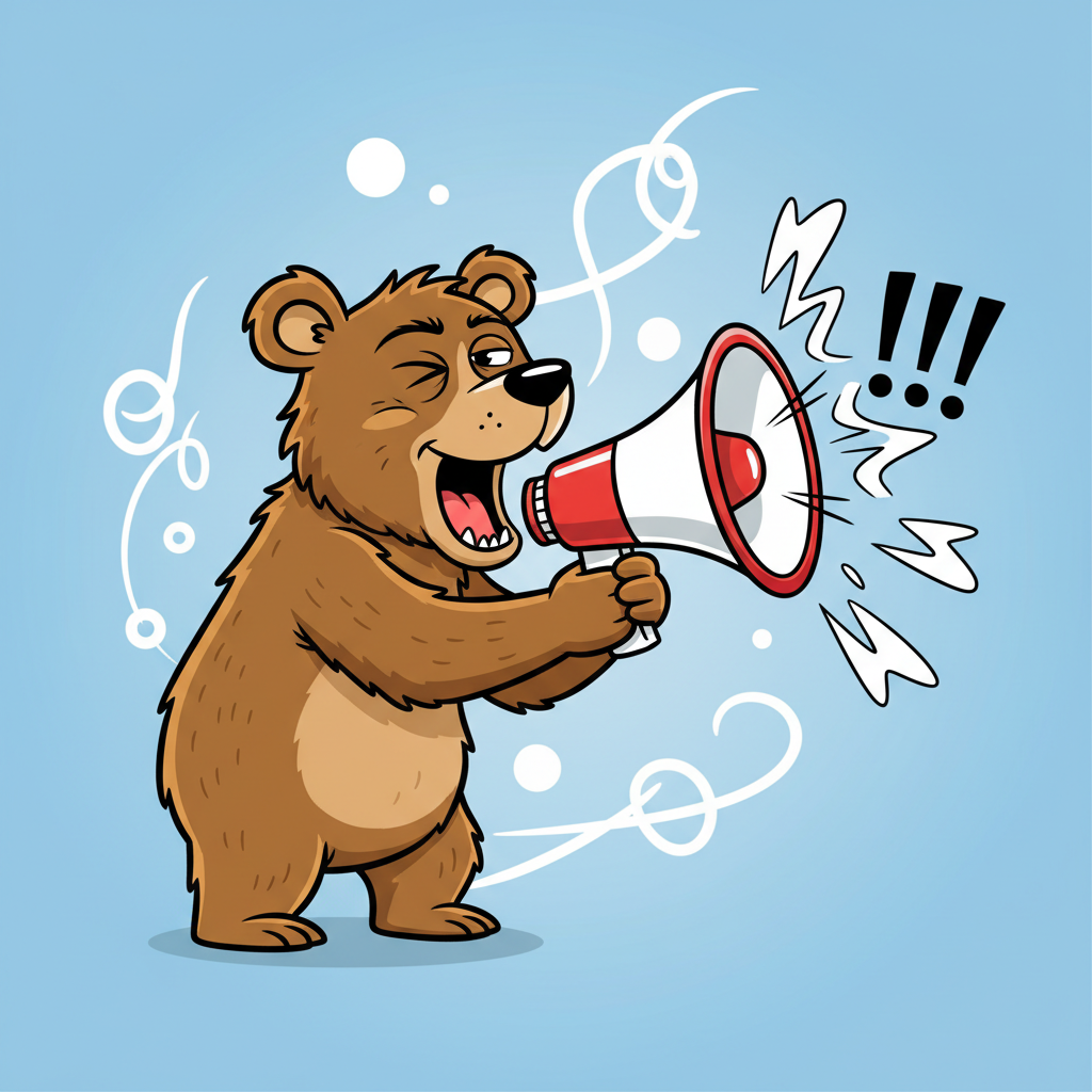 Cartoon illustration of a bear shouting loudly into a megaphone, looking silly but noisy
