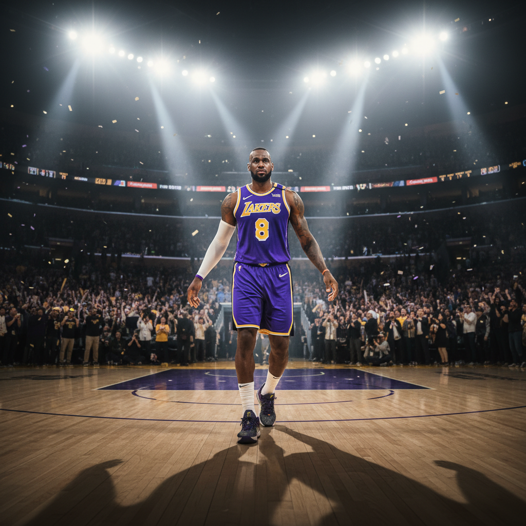 LeBron James walking onto the court before tipoff, bright stadium lights