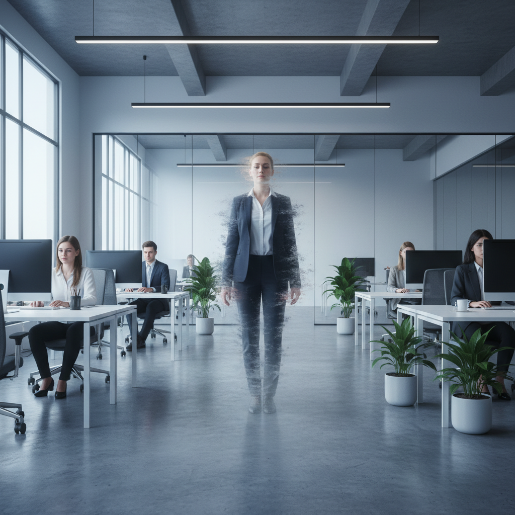 A professional setting where one person in a specific spot is becoming transparent and fading away compared to the solid surroundings, representing loss of identity