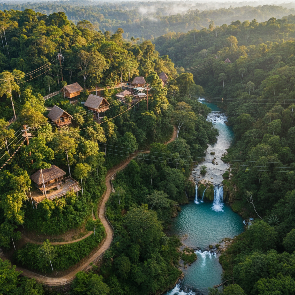 helicopter view of an adventure resort bordered by semi-jungle terrain, aerial photography showing zip lines and trails integrated into lush green foliage, river or water feature nearby, cinematic 8k, photorealistic