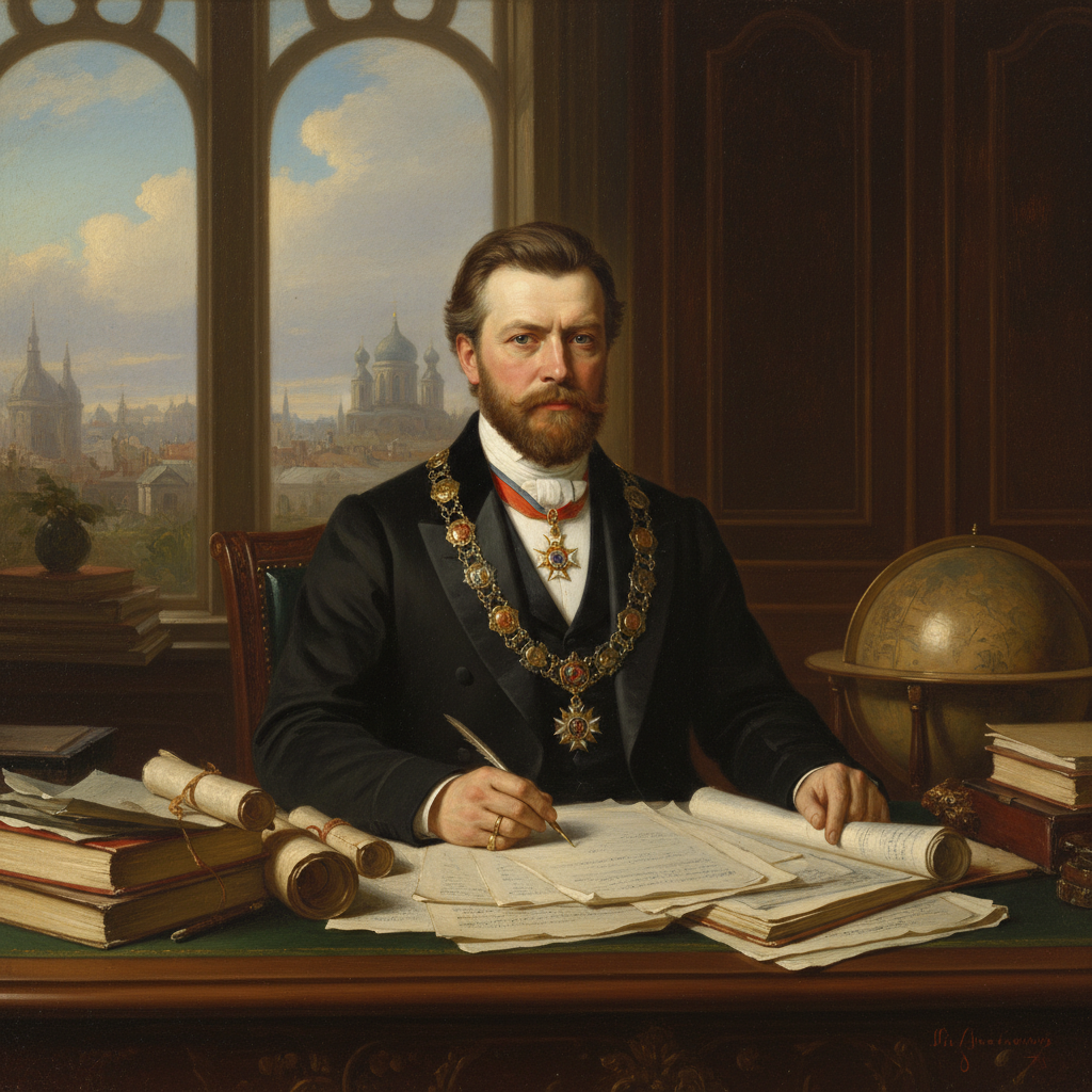 Portrait of a 19th-century City Mayor (Gorodskoy Golova) in formal frock coat with a medal chain, sitting at a desk with papers, realistic painting style