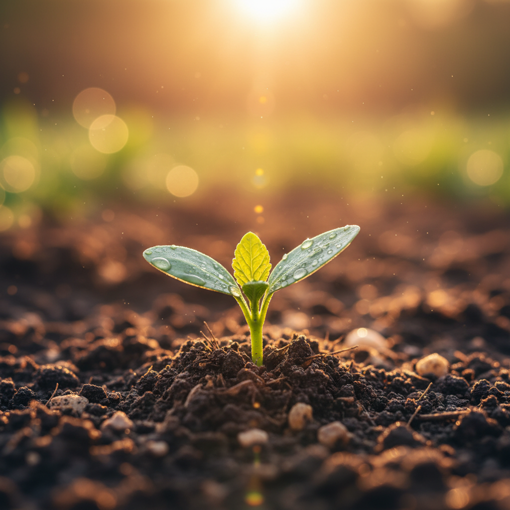 Soft morning sunlight illuminating a sprouting plant in soil, symbolizing growth and hope, macro photography, golden hour, high quality