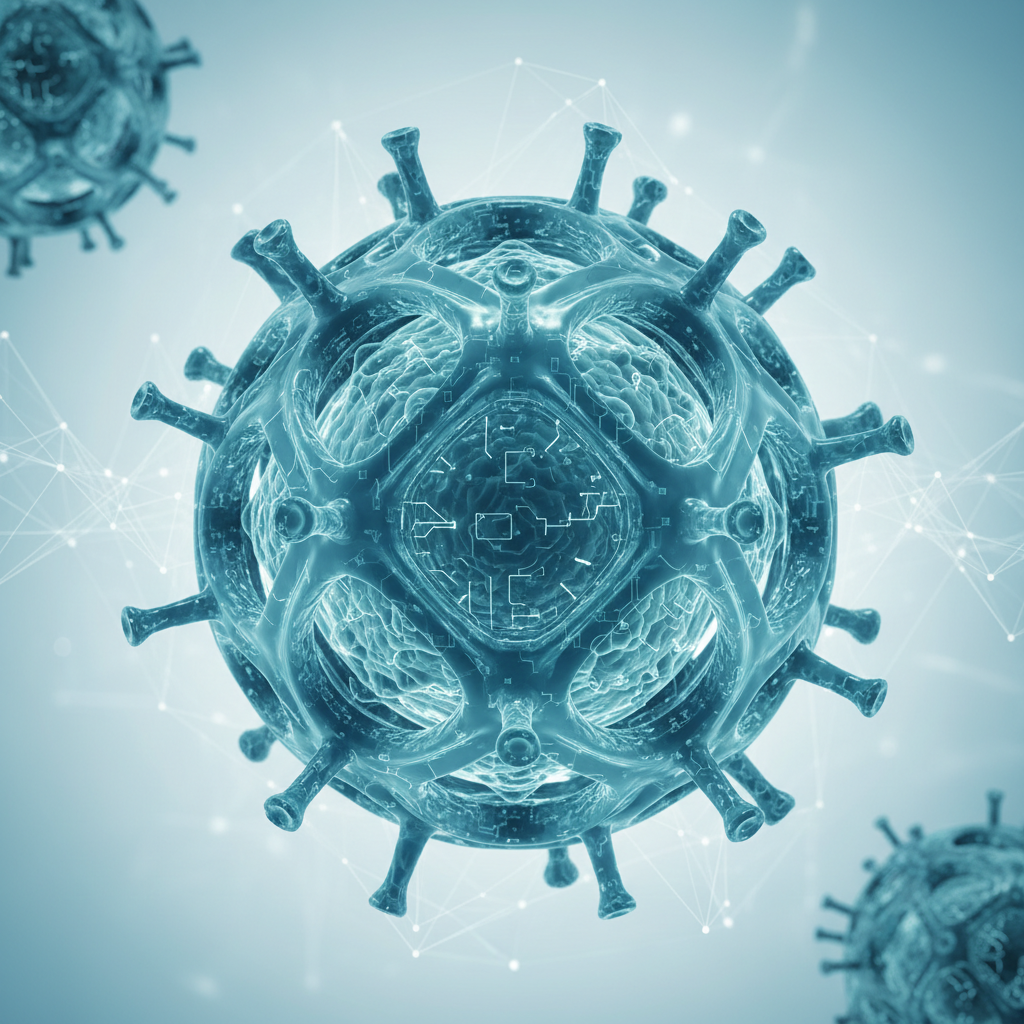 Abstract artistic visualization of a biological virus cell structural model, 3d render, blue and teal color palette, scientific and medical theme, clean background