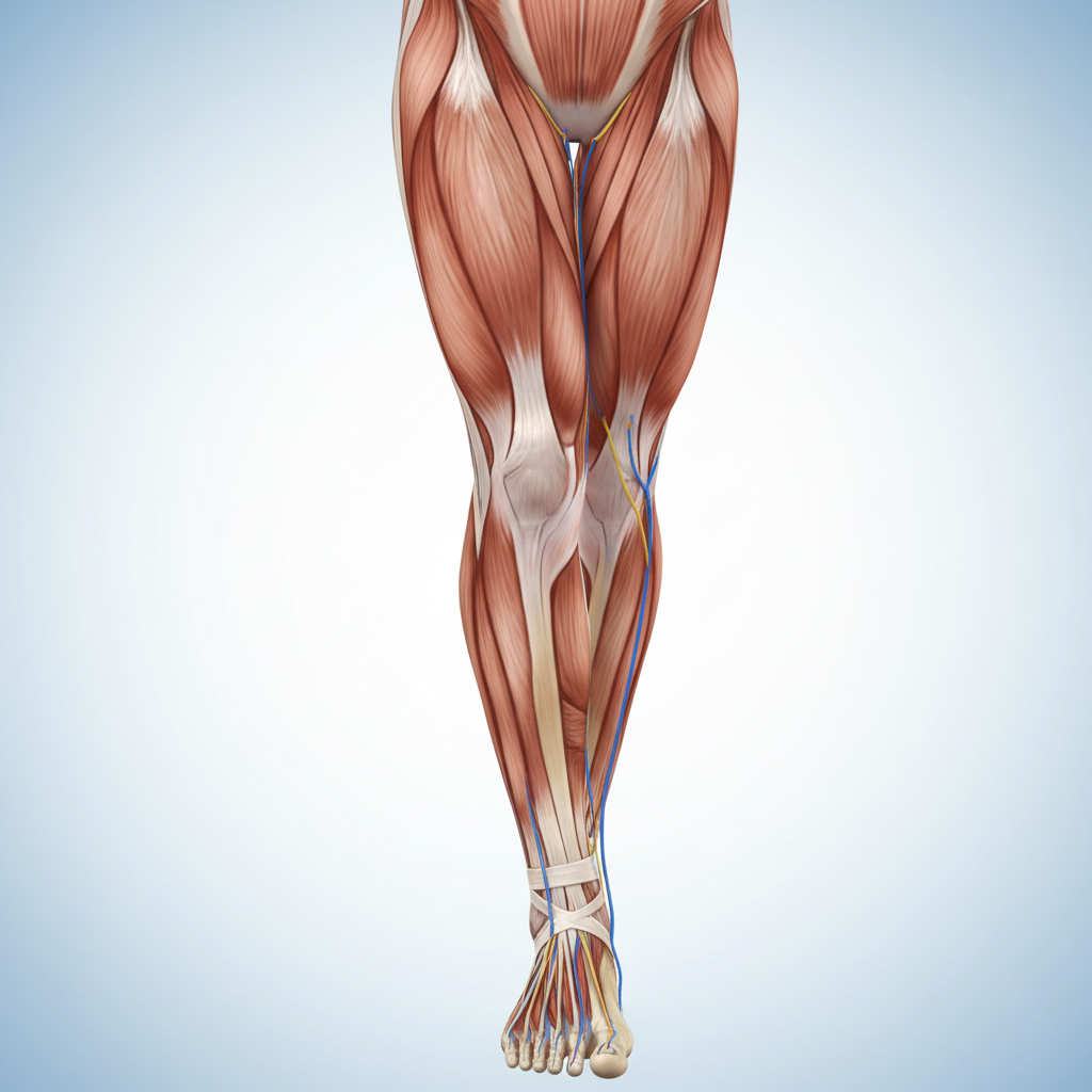 Anterior view of the lower leg (shin), showing Tibialis anterior and extensor muscles, medical illustration style
