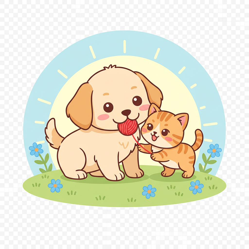 Icon of a puppy and kitten playing together, cute vector style