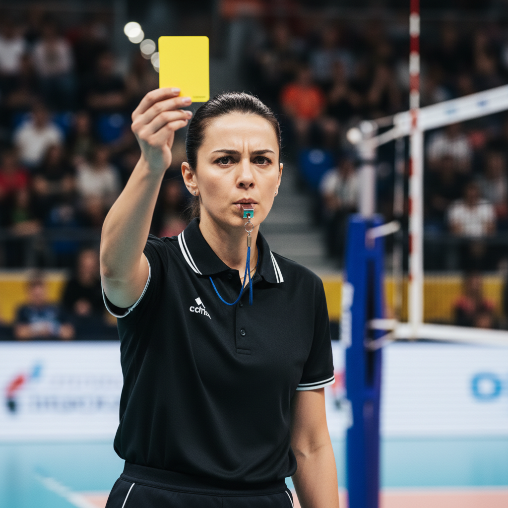 A professional volleyball referee blowing a whistle, focused expression, holding a yellow card, close-up, blurred sports arena background