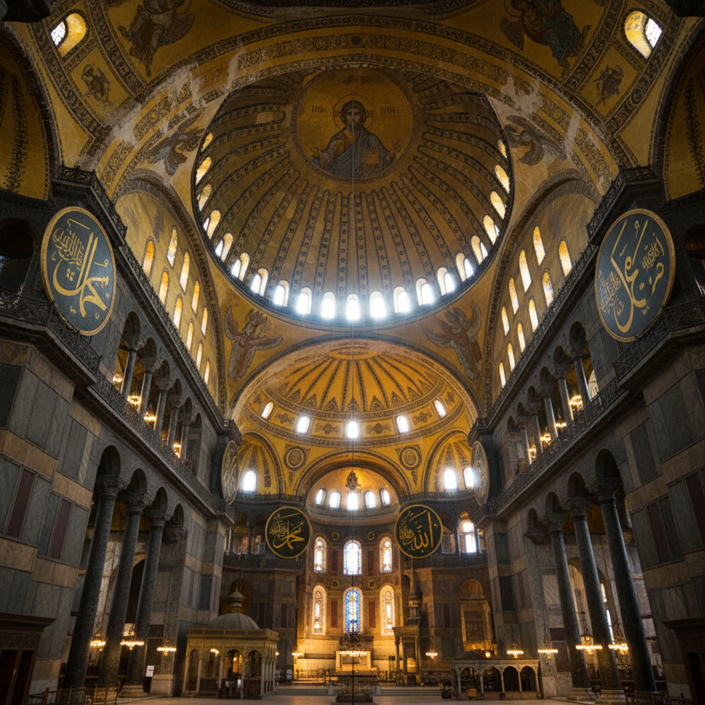 Hagia Sophia interior, wide angle, capturing the massive scale, scaffolding removed, golden mosaics glowing, light streaming from dome windows, awe-inspiring