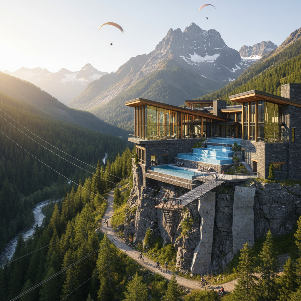 Modern luxury resort in mountains, local stone architecture, adventure sports theme, daytime, professional photography, sunny, scenic view