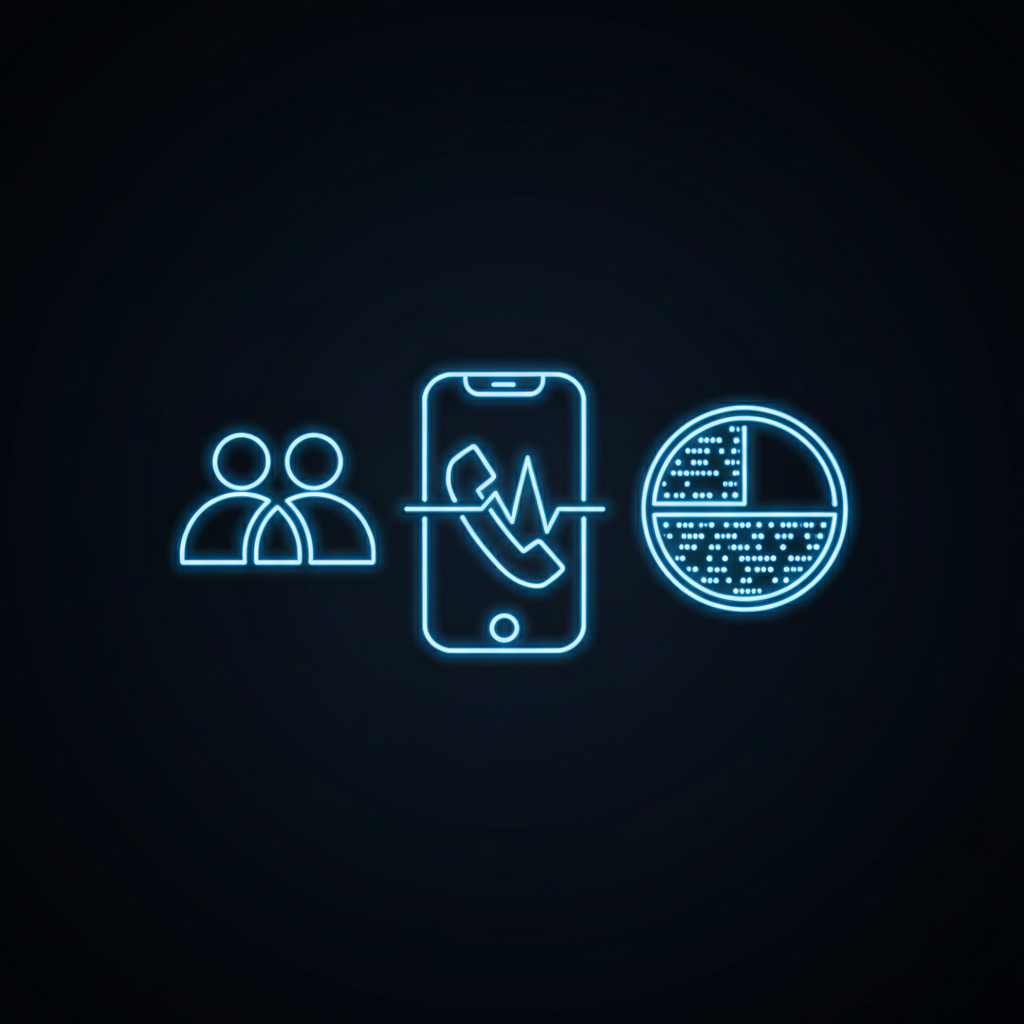 abstract symbols of lifelines glowing neon blue, phone icon, people icon, fifty fifty percent symbol, dark background, minimal