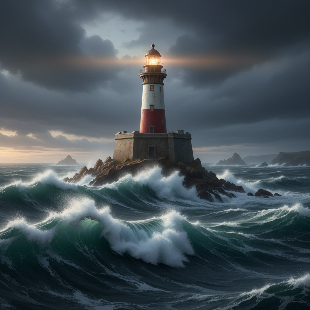 A sturdy lighthouse standing amidst rough ocean waves, symbolizing resilience, guidance, and integrity, realistic cinematic style