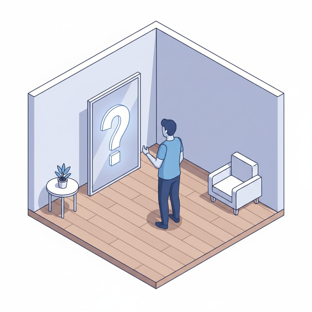 An isometric illustration of a person looking at a mirror reflection that shows a question mark, clean vector art style