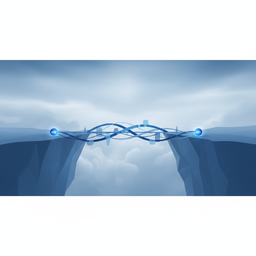 Conceptual art of a bridge connecting two distant cliffs, symbolizing the connection between two sets, minimalist style with blue tones