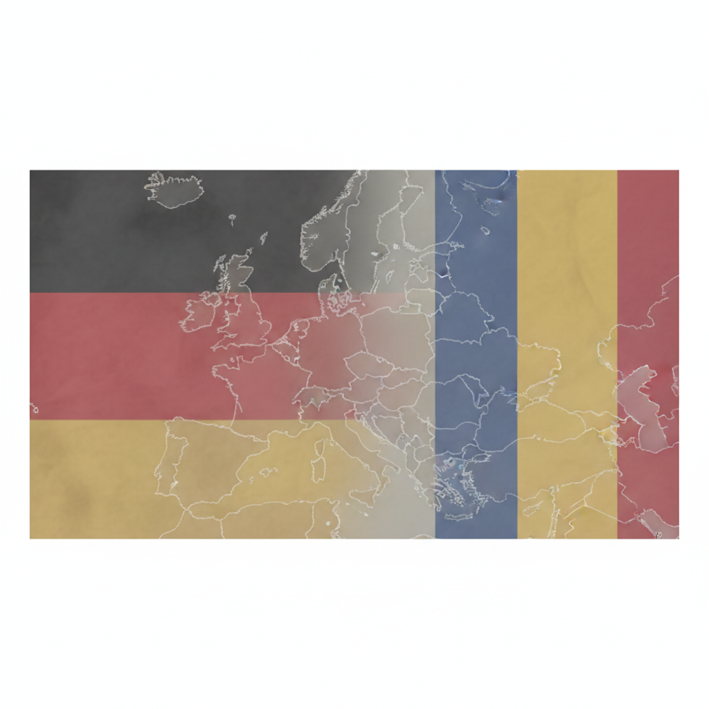split composition, left side East German flag colors faded, right side Romanian flag colors faded, overlay of map of Europe, political science style, minimalistic, desaturated
