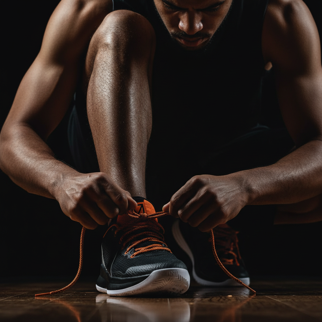 Close-up of focused basketball player tying shoes pregame, dark background, cinematic detail