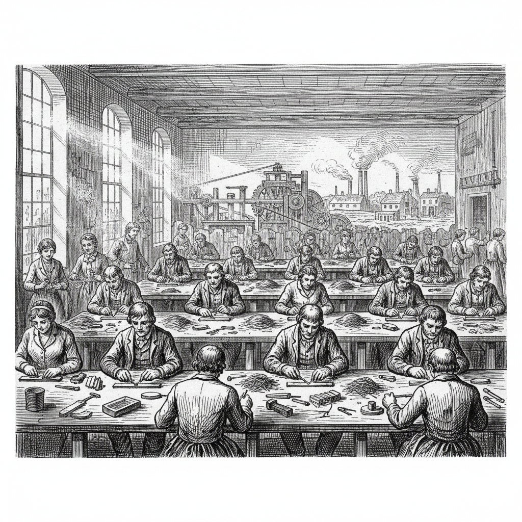 18th century illustration of a pin factory, workers sitting at tables performing specialized small tasks, vintage sketch style, industrial revolution concept