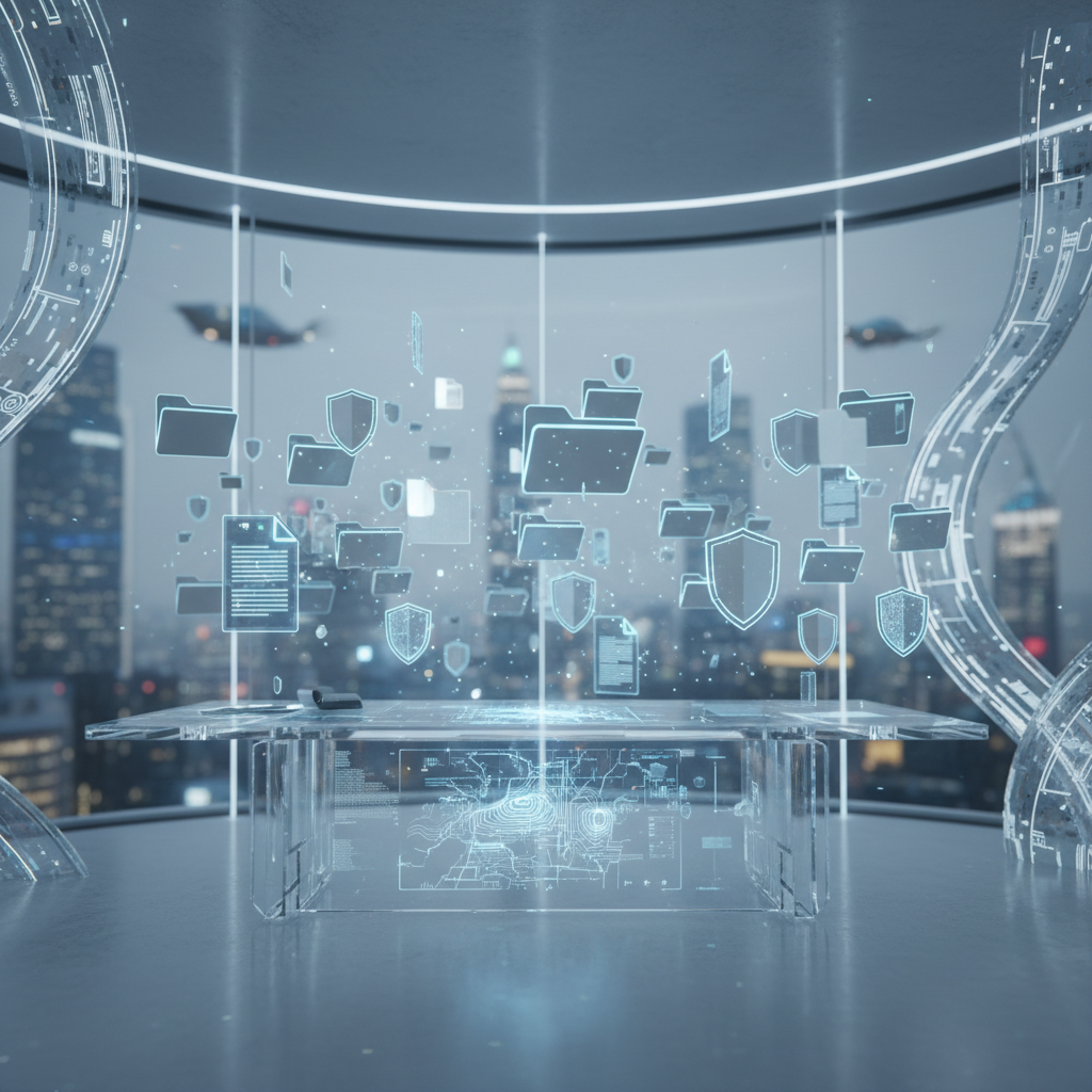 Futuristic digital office concept, abstract glowing documents and shield icons floating in a modern workspace, light blue and silver gray lighting, photorealistic 8k render, depth of field