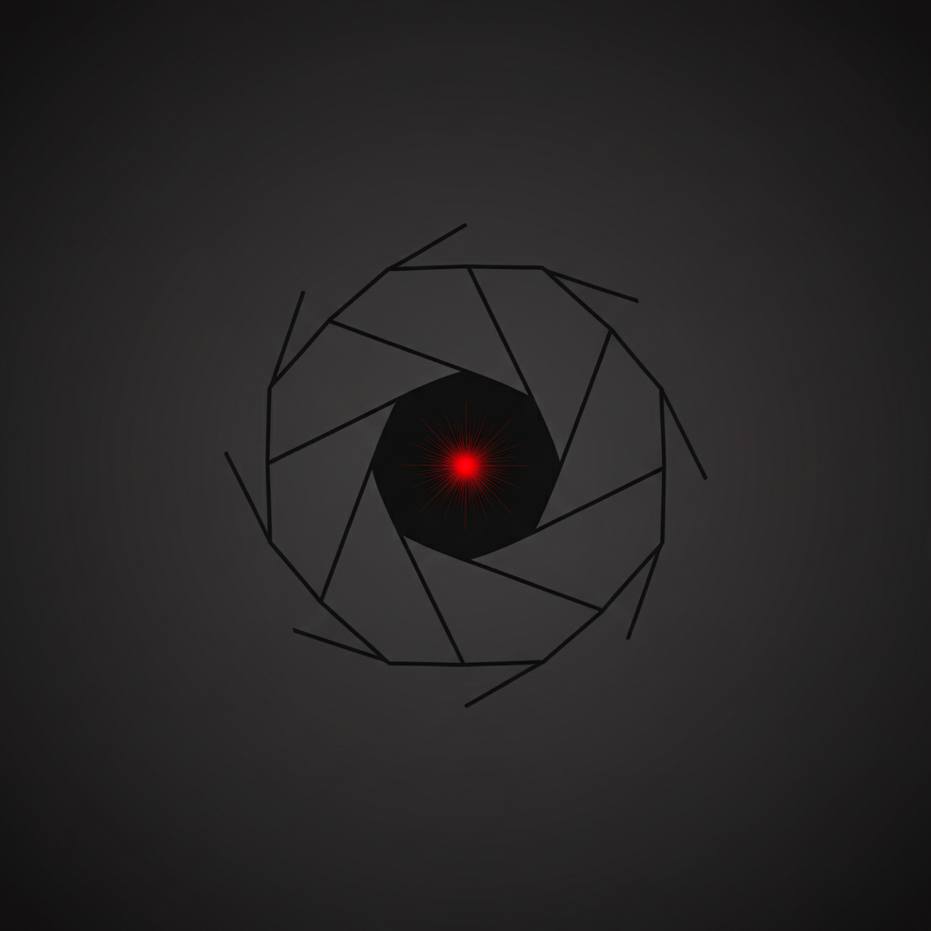 Abstract representation of an eye pupil made of geometric aperture blades, minimal line art style, red focus point, dark background