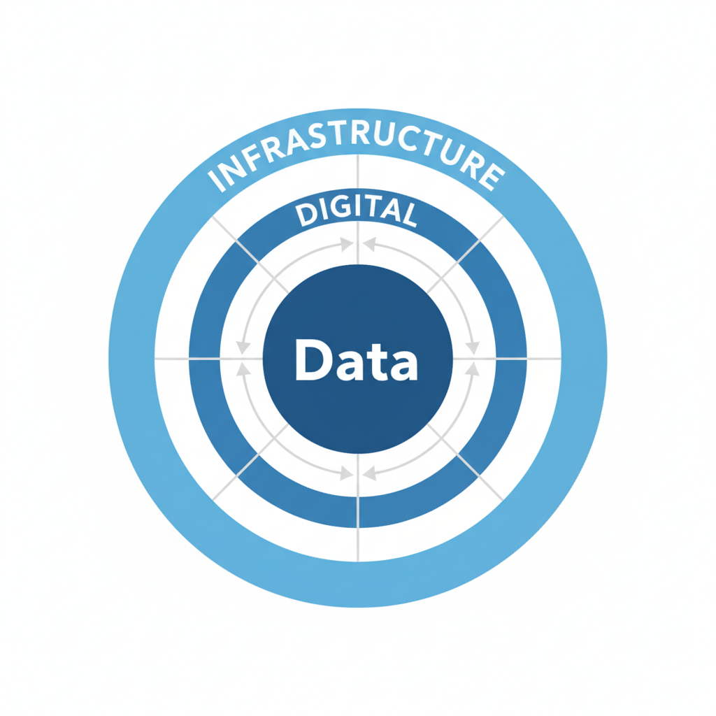 concentric circles diagram labeled 'Digital', 'Data', 'Infrastructure', clean professional business graphic
