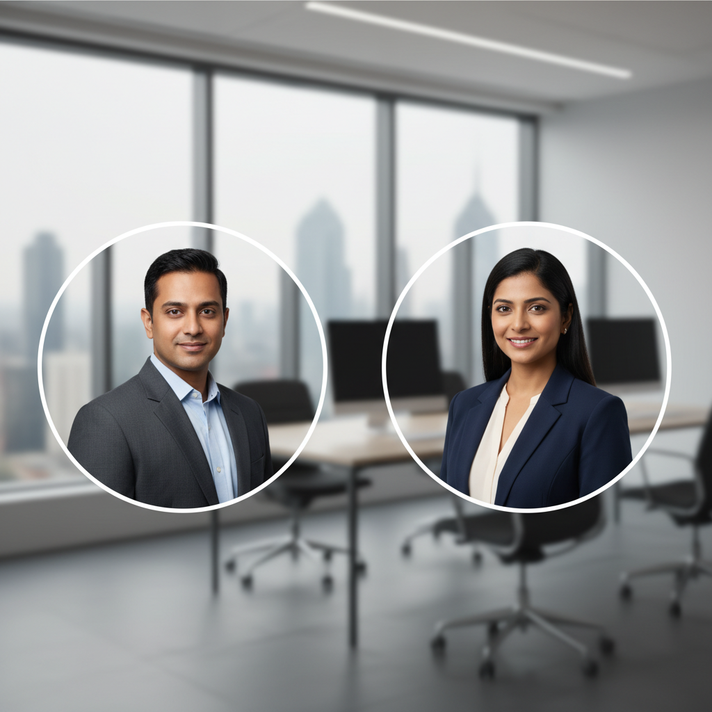 Professional headshots of two Indian business executives side by side in circular frames, office background, high quality
