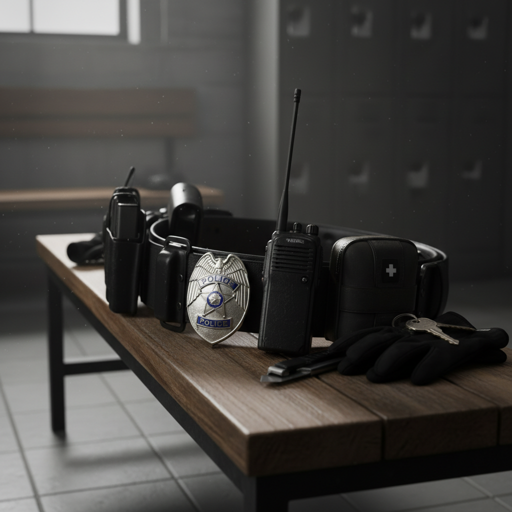 Police duty belt and gear neatly arranged on a locker room bench, focus on the badge and radio, highly detailed, moody lighting