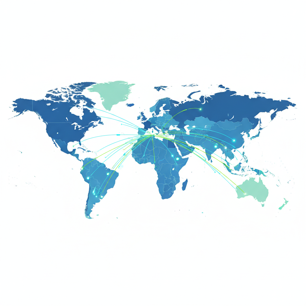 Modern minimalistic map of the world highlighting Europe and South America with digital connection lines, corporate blue and green color palette, clean white background
