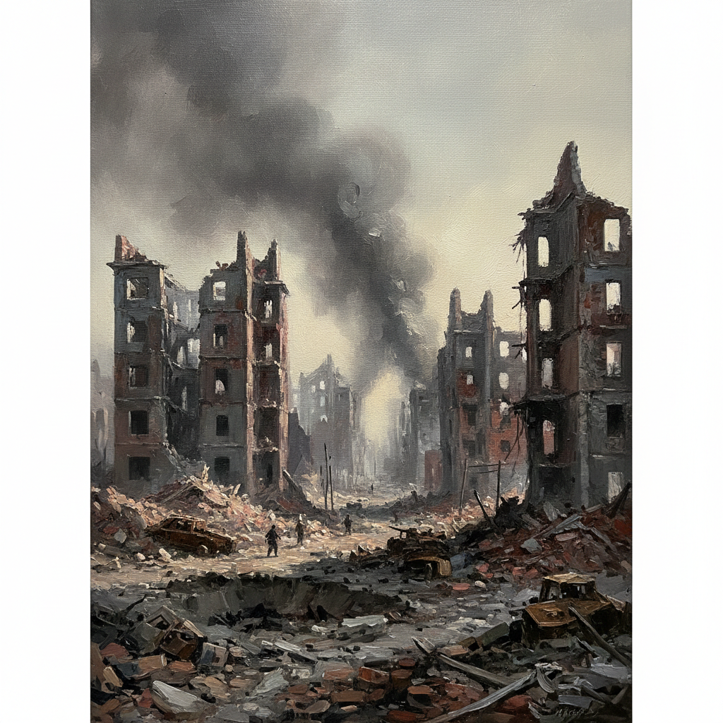 Ruins of Stalingrad city in 1942, destroyed buildings, smoke, grim war scene, realistic oil painting style