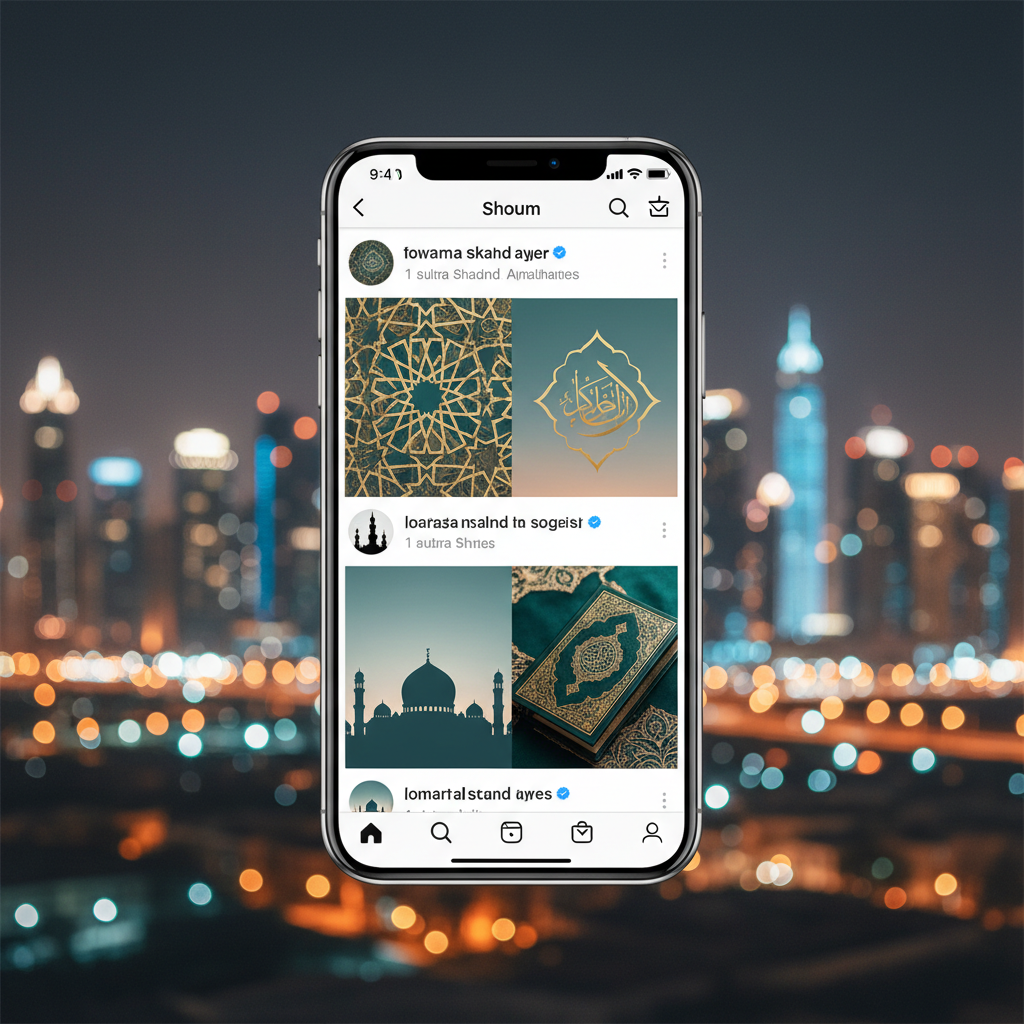 A modern smartphone displaying a social media feed with Islamic themed content, overlaid on a blurred background of Dubai city lights, digital marketing concept