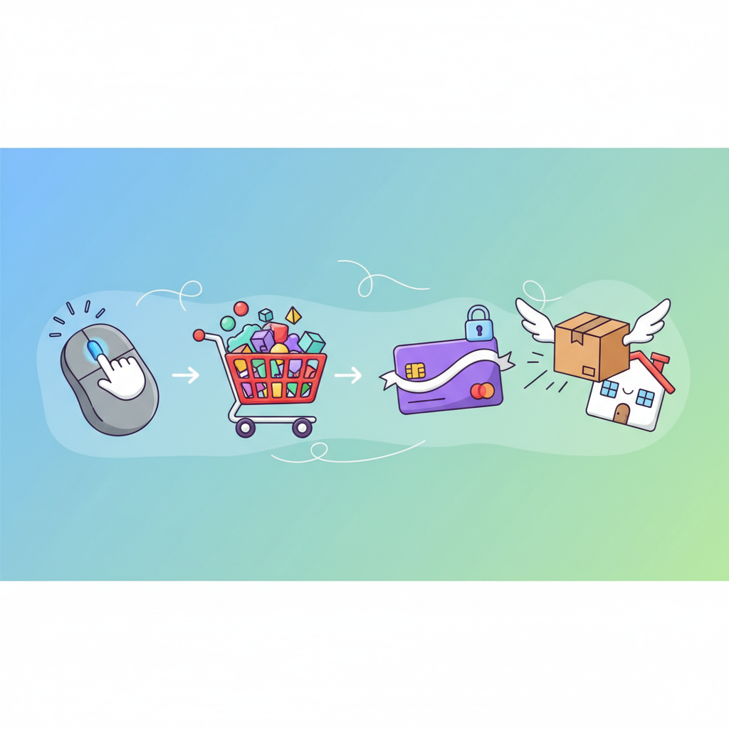 Composite image showing four steps: a mouse clicking, a shopping cart icon, a credit card icon, and a delivery box, cartoon style