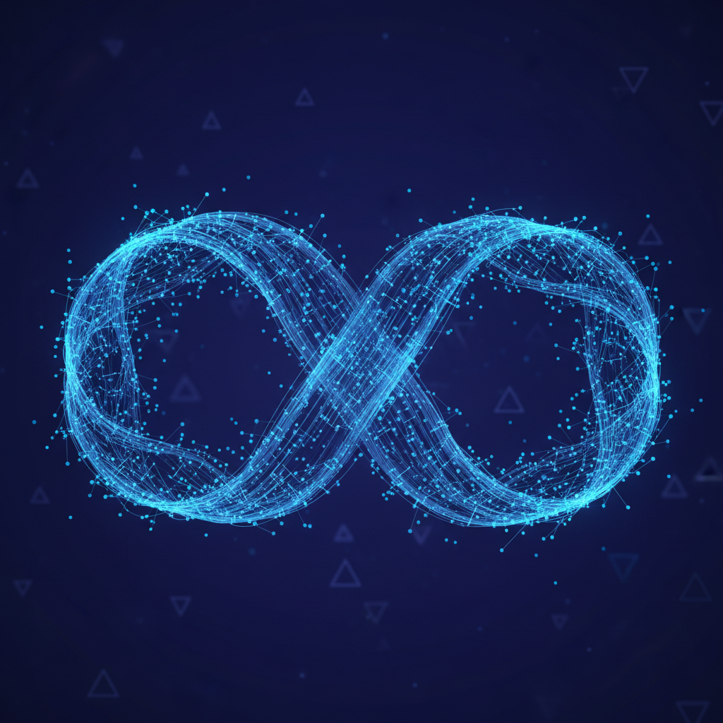 Abstract representation of a feedback loop or infinity symbol composed of glowing blue digital nodes, representing iterative process