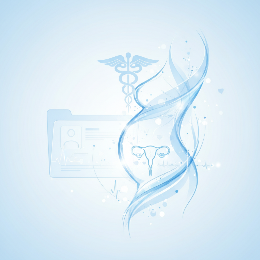 Abstract medical illustration representing pregnancy health record, soft blue and white tones, patient file concept