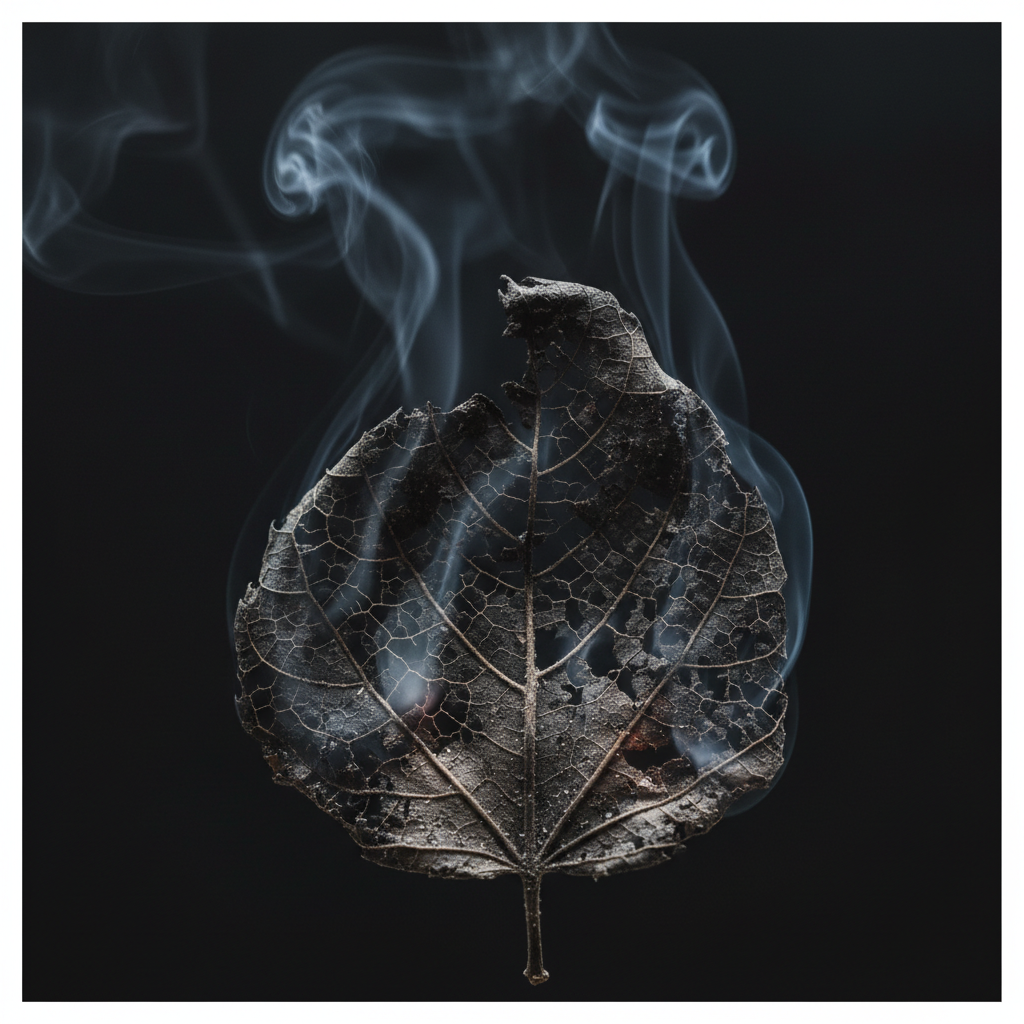 Macro shot of a withered, decaying dark leaf turning into ash smoke, extremely detailed texture showing brittle veins, dark background, conceptual photography