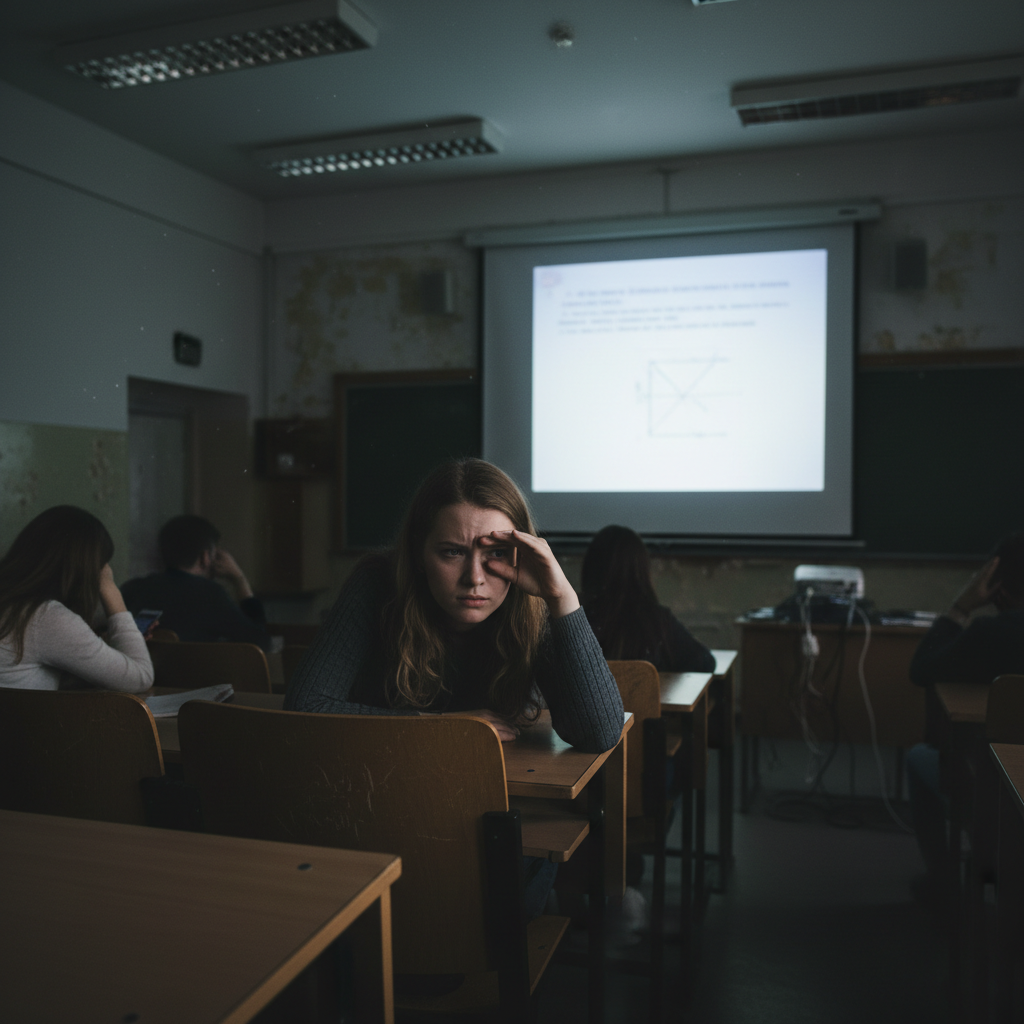student straining to see a dim projector screen in a classroom, slightly frustrated expression, realistic