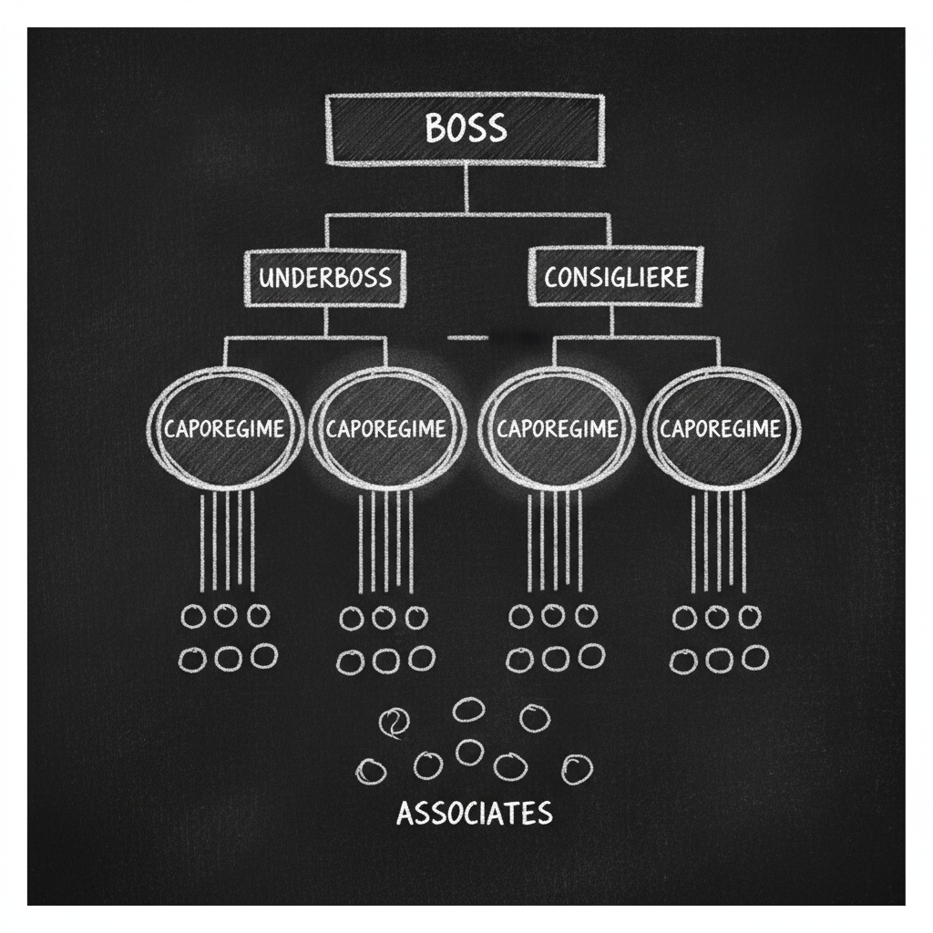 Mafia hierarchy org chart, highlighting the Caporegime level, chalkboard style