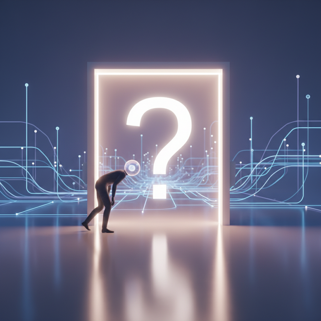 open door to future, curiosity, question mark, bright light, simple clean style