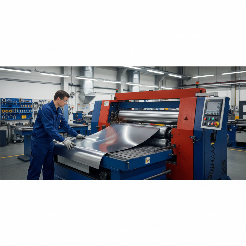 opérateur industriel utilisant une rouleuse de tôle sur une pièce inox brillante