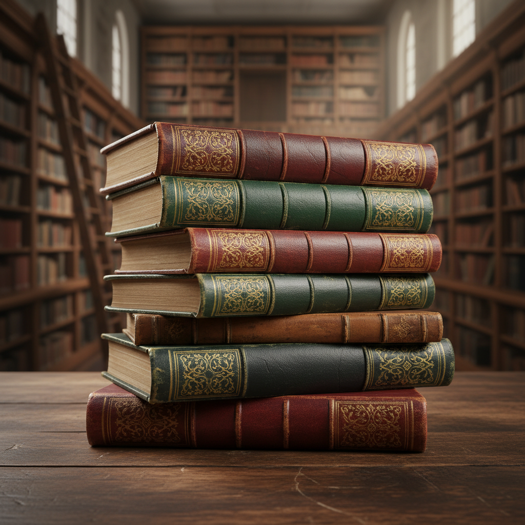 Stack of old leather bound history books with gold leaf lettering, sitting on a wooden table, library background
