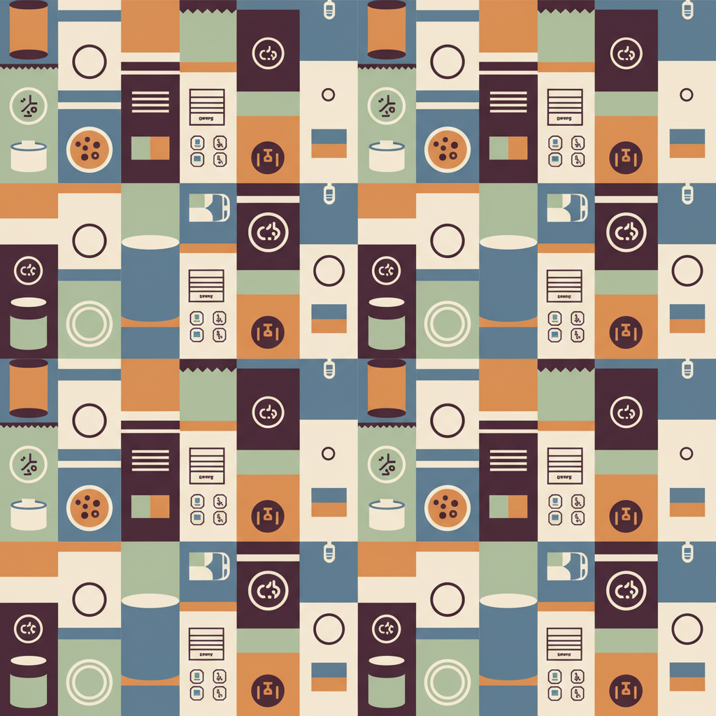 Abstract minimalistic composition representing processed food packaging patterns in a supermarket, muted colors, academic style, geometric, flat design