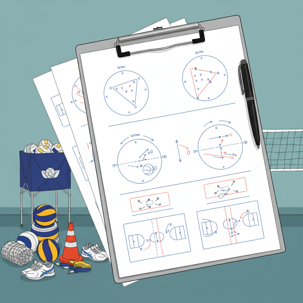 Detailed illustration of volleyball training drills diagrams on a clipboard, tactical sketches, sport equipment background