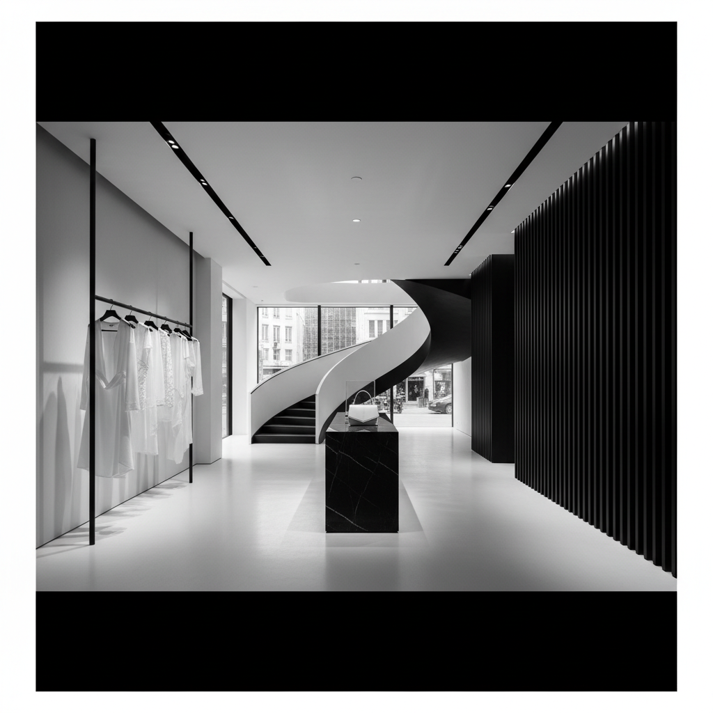 Minimalist high fashion store interior, sleek architectural lines, black and white aesthetic, cinematic lighting, editorial style