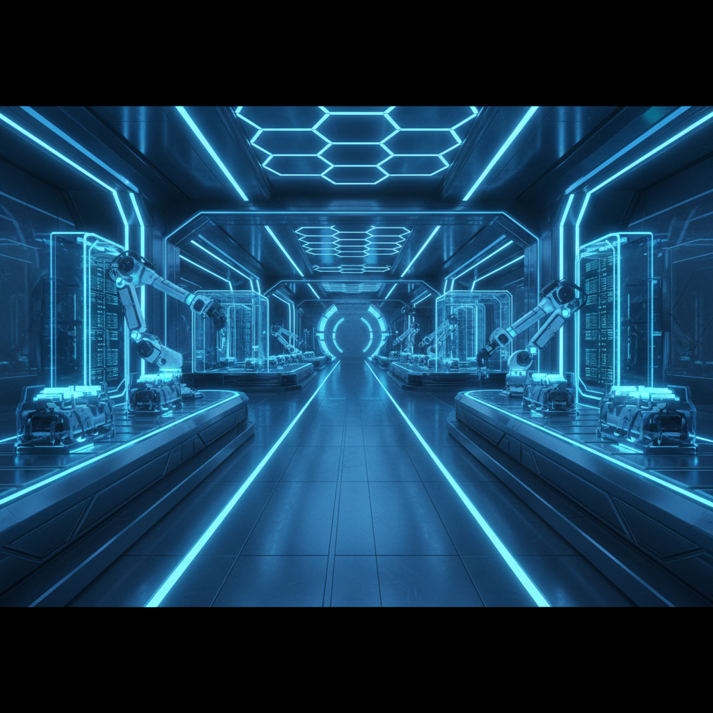 futuristic high-tech manufacturing facility with blue lighting, wide angle, sleek industrial design, cinematic 8k