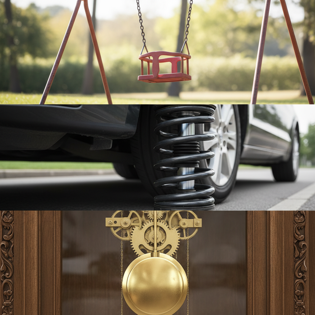 playground swing in motion, car suspension spring, grandfather clock pendulum, montage or representative image of mechanical oscillations, realistic, high quality