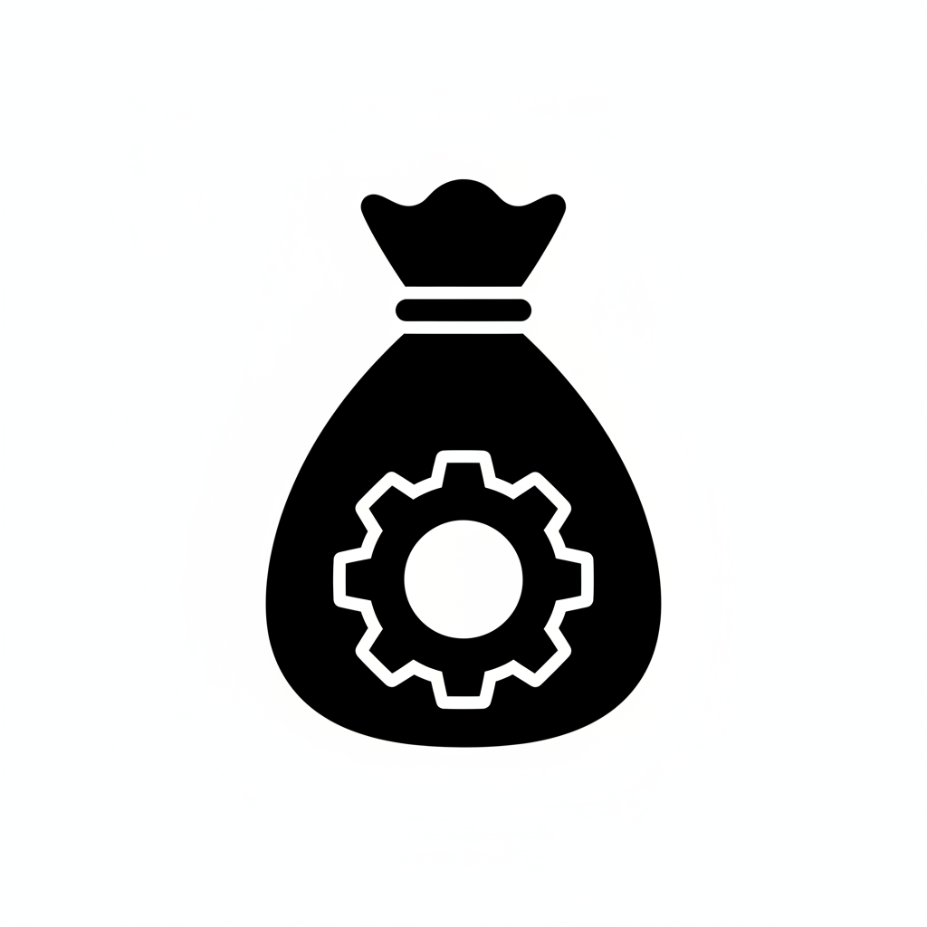 simple black icon of a money bag with a gear, vector style, white background