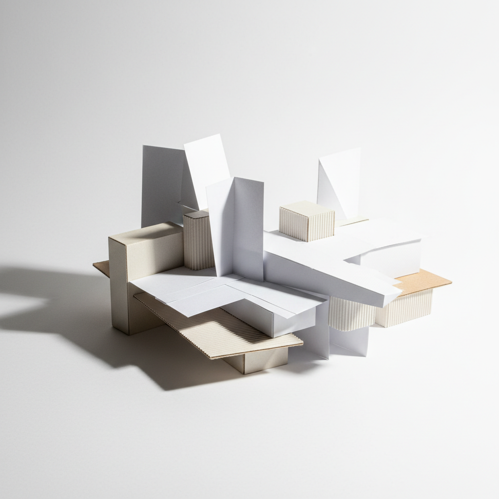 architectural study model made of folded white paper and cardboard, abstract geometric shapes, studio lighting