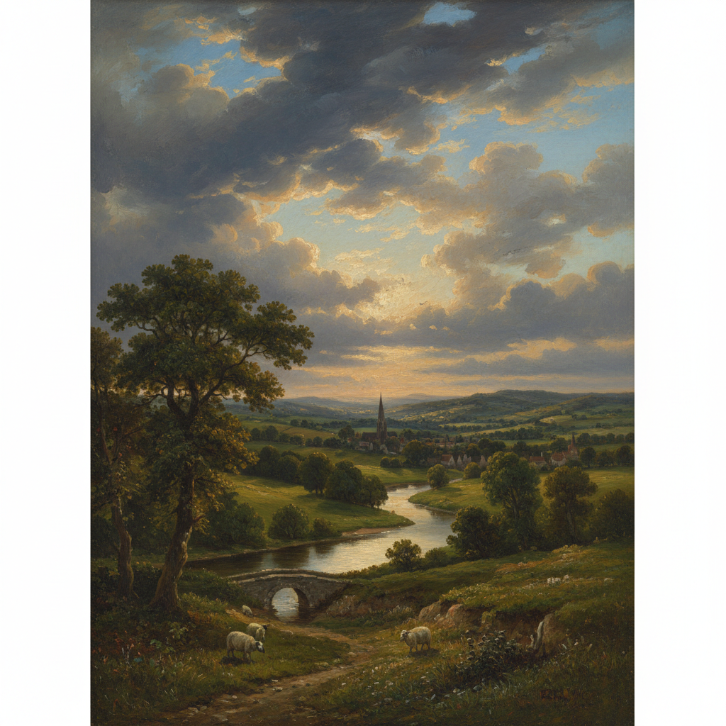 Oil painting of English countryside in the style of John Constable or Turner, romantic landscape, soft lighting, dramatic sky, nature, 19th century art style
